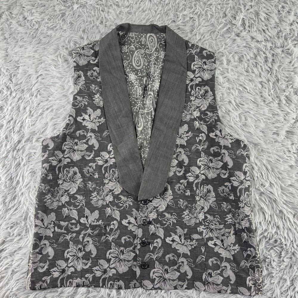 Tayion Mens 44L Gray Floral Wool Silk Jacquard Paisley Back Cadillac Vest